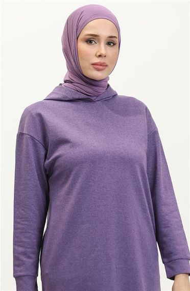 Atlas Kapşonlu Uzun Sade Basic Sweatshirt - 03007.207 - Koyu Lila - fotoğraf 3