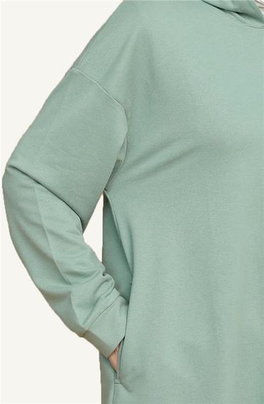 Atlas Kapşonlu Uzun Sade Basic Sweatshirt - 03007.100 - Çağla Yeşili - fotoğraf 4