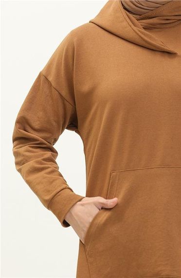 Aysima Yaka Detaylı Kapşonlu Sade Basic Sweatshirt - 03032.038 - Taba - fotoğraf 4