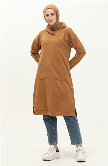 Aysima Yaka Detaylı Kapşonlu Sade Basic Sweatshirt - 03032.038 - Taba - fotoğraf 2