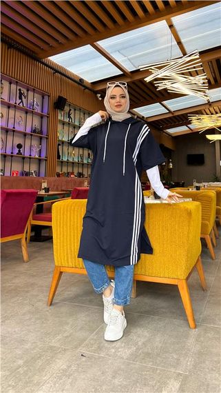 Çam Şeritli İçlikle Kapşonlu Uzun Sweatshirt - 03033.015 - Lacivert - fotoğraf 1