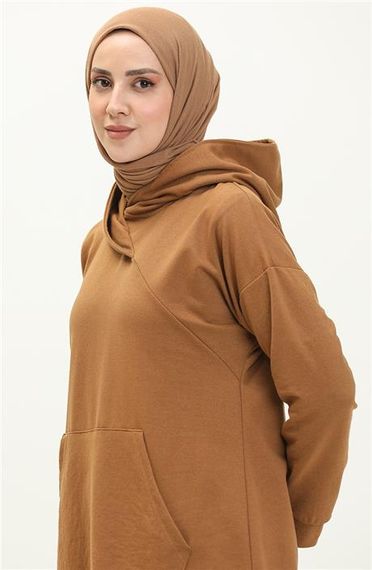 Aysima Yaka Detaylı Kapşonlu Sade Basic Sweatshirt - 03032.038 - Taba - fotoğraf 3