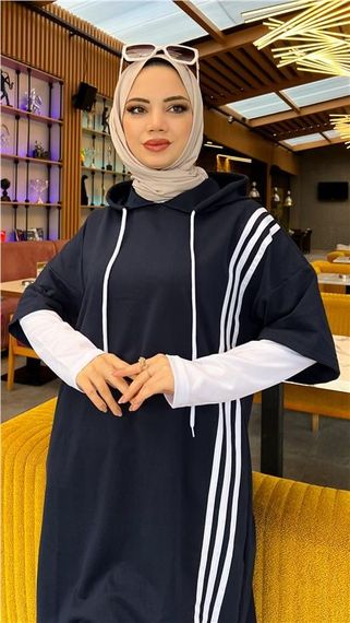 Çam Şeritli İçlikle Kapşonlu Uzun Sweatshirt - 03033.015 - Lacivert - fotoğraf 2