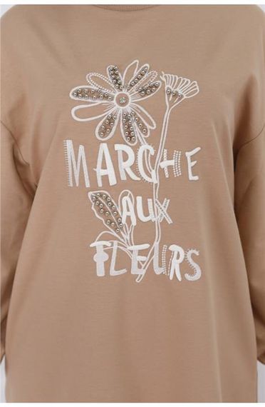 Marche Aux Fleurs Yazı Çiçk Resim Baskılı Sweatshirt - 71105.026 - Bej - fotoğraf 4