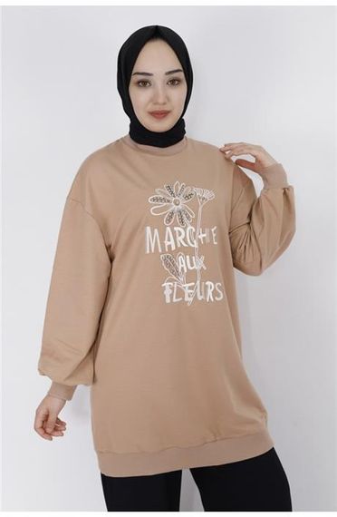 Marche Aux Fleurs Yazı Çiçk Resim Baskılı Sweatshirt - 71105.026 - Bej - fotoğraf 2