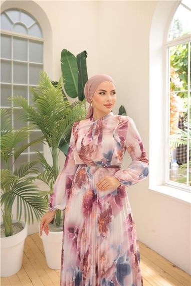 Платье из шифона с узором и поясом, цвет фиолетовый, размеры 38-46, коллекция Bwest - фото 5