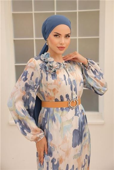 Yordo Desenli Toka Kemerli Uzun Saten Elbise - 50004.006 - İndigo - photo 4