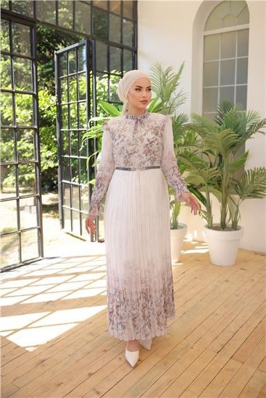 Beyaz Çiçek Desenli Kemerli Uzun Şifon Elbise - 50003.008 - Gri - photo 2