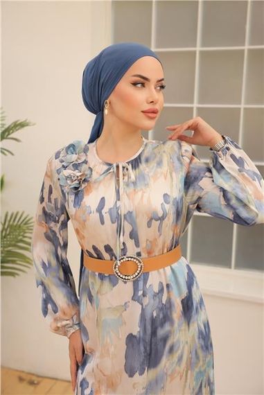 Yordo Desenli Toka Kemerli Uzun Saten Elbise - 50004.006 - İndigo - photo 5