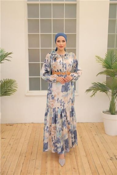 Yordo Desenli Toka Kemerli Uzun Saten Elbise - 50004.006 - İndigo - photo 2