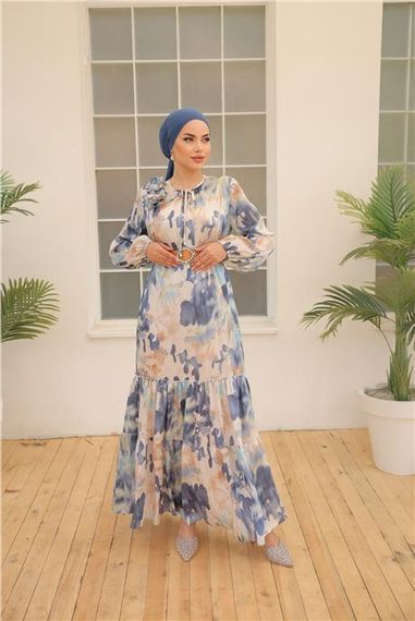 Yordo Desenli Toka Kemerli Uzun Saten Elbise - 50004.006 - İndigo - photo 3
