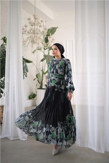 Boyun Bağcıklı Kemerli Desenli Uzun Şifon Elbise - 50006.001 - Yeşil - fotoğraf 3