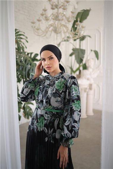 Boyun Bağcıklı Kemerli Desenli Uzun Şifon Elbise - 50006.001 - Yeşil - fotoğraf 2