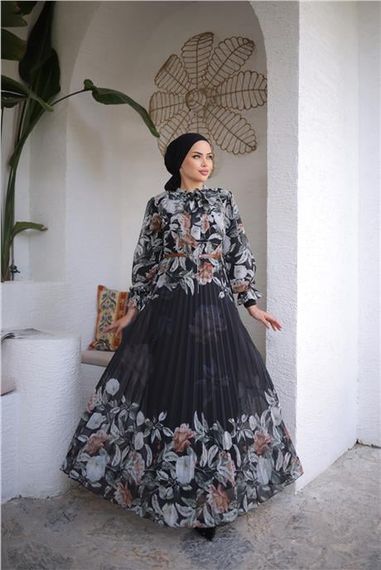 Сукня з довгим шифоном з візерунком і поясом на шию, колір: кориця, розміри: 38-46 - фото 2