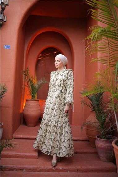 Платье из шифона с рисунком листьев, завязками на талии, длинное, зеленое, размеры: 38-46 - фото 2