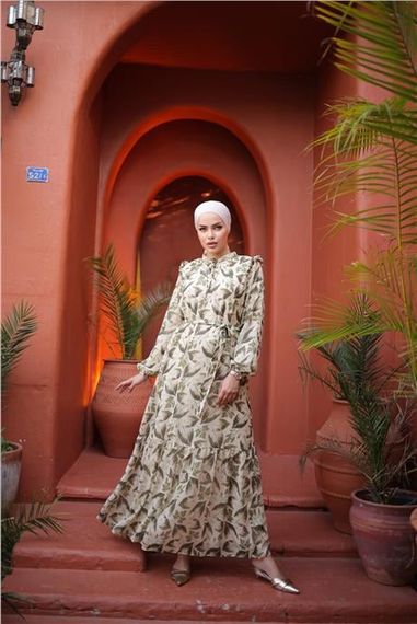 Платье из шифона с рисунком листьев, завязками на талии, длинное, зеленое, размеры: 38-46 - фото 4