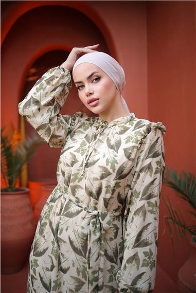 Платье из шифона с рисунком листьев, завязками на талии, длинное, зеленое, размеры: 38-46 - фото 5