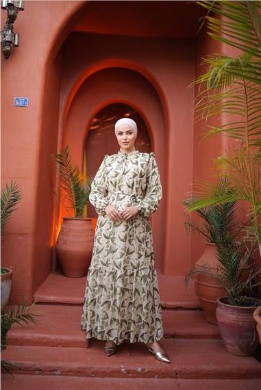 Платье из шифона с рисунком листьев, завязками на талии, длинное, зеленое, размеры: 38-46 - фото 1