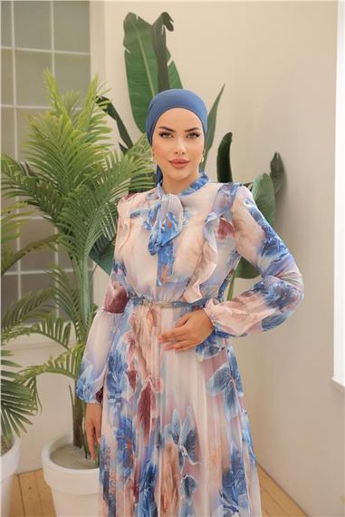 Krem Desenli Kemerli Uzun Şifon Elbise - 50001.004 - Mavi - photo 4