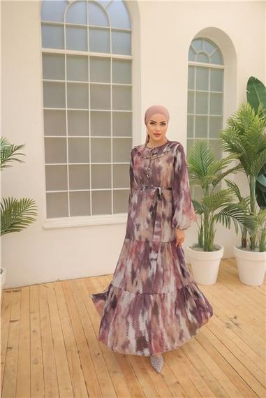 Сукня з шифону з малюнком кави, з поясом, довга, фіолетова, від бренду Bwest, різні розміри 38-46 - фото 1