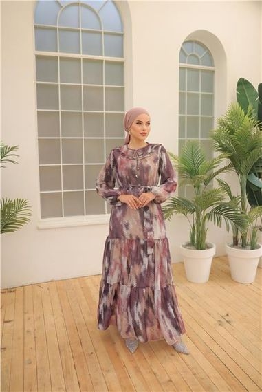 Сукня з шифону з малюнком кави, з поясом, довга, фіолетова, від бренду Bwest, різні розміри 38-46 - фото 3