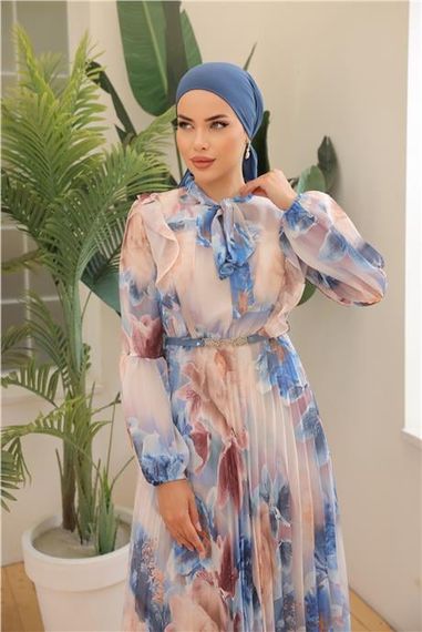 Krem Desenli Kemerli Uzun Şifon Elbise - 50001.004 - Mavi - photo 5