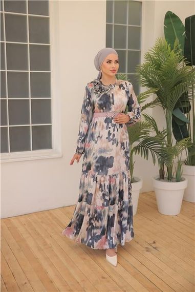 Yordo Desenli Toka Kemerli Uzun Saten Elbise - 50004.003 - Siyah - photo 2