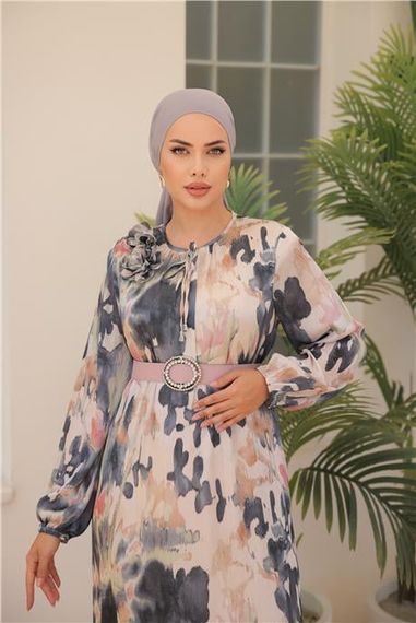 Yordo Desenli Toka Kemerli Uzun Saten Elbise - 50004.003 - Siyah - photo 4