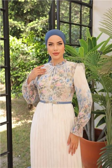 Синя шифонова сукня в квітковий візерунок з поясом, модель 50003, доступна в розмірах 38-46 - фото 5