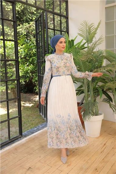 Синя шифонова сукня в квітковий візерунок з поясом, модель 50003, доступна в розмірах 38-46 - фото 3