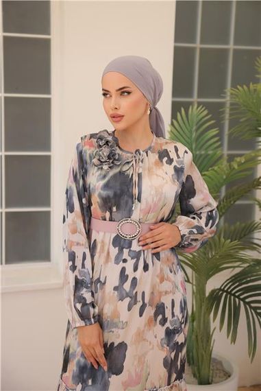 Yordo Desenli Toka Kemerli Uzun Saten Elbise - 50004.003 - Siyah - photo 5