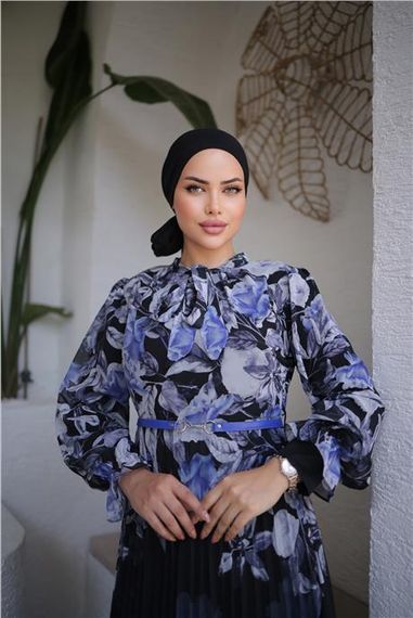 Сукня з узором з шифону з поясом та зав'язкою на шиї - фіолетова, 44-46 розміри - фото 3