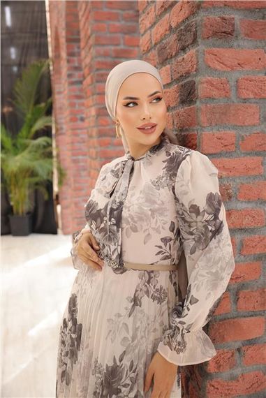 Boyun Bağcıklı Kemerli Desenli Uzun Şifon Elbise - 50011.027 - Ekru - photo 5