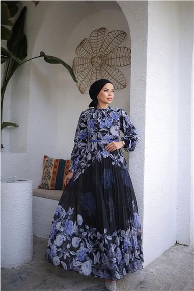 Сукня з узором з шифону з поясом та зав'язкою на шиї - фіолетова, 44-46 розміри - фото 2