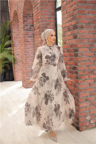 Boyun Bağcıklı Kemerli Desenli Uzun Şifon Elbise - 50011.027 - Ekru - photo 2