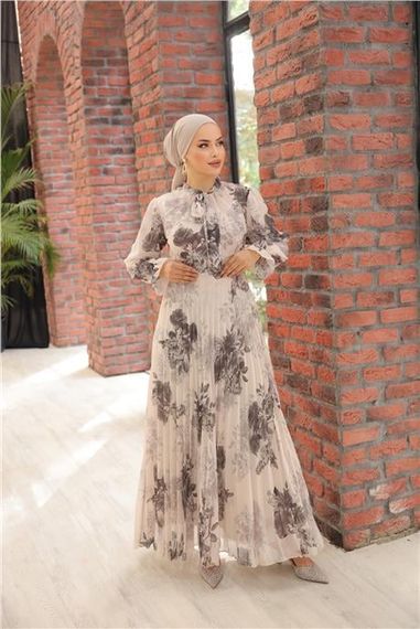 Boyun Bağcıklı Kemerli Desenli Uzun Şifon Elbise - 50011.027 - Ekru - photo 3