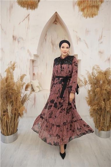 Довге шифонове плаття з візерунком і зав'язками на шиї та поясі кольору цибулі, розміри 38-46 - фото 1