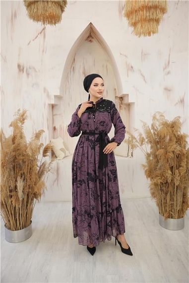Boyun ve Belden Bağcıkllı Desenli Uzun Şifon Elbise - 50013.013 - Mor - fotoğraf 4