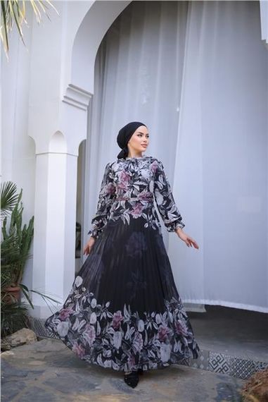 Boyun Bağcıklı Kemerli Desenli Uzun Şifon Elbise - 50006.101 - Gül Kurusu - photo 3