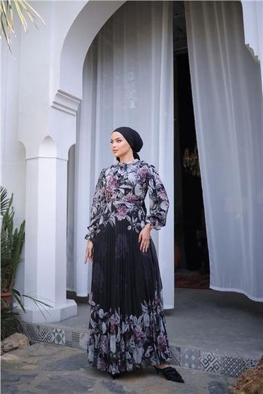 Boyun Bağcıklı Kemerli Desenli Uzun Şifon Elbise - 50006.101 - Gül Kurusu - photo 2