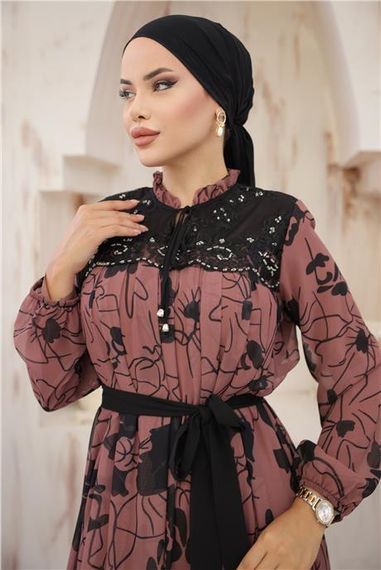 Довге шифонове плаття з візерунком і зав'язками на шиї та поясі кольору цибулі, розміри 38-46 - фото 2