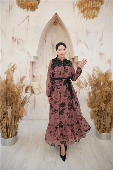 Довге шифонове плаття з візерунком і зав'язками на шиї та поясі кольору цибулі, розміри 38-46 - фото 5