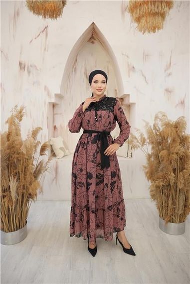 Довге шифонове плаття з візерунком і зав'язками на шиї та поясі кольору цибулі, розміри 38-46 - фото 4