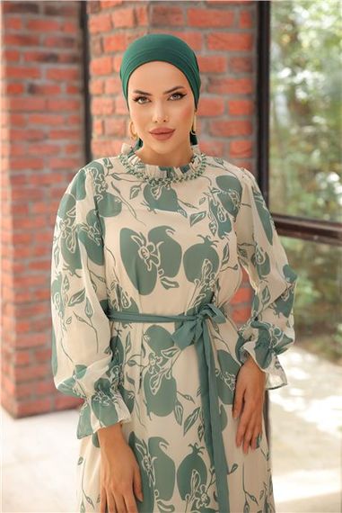 Boncuk Aksesuarlı Belden Bağcıklı Desenli Uzun Şifon Elbise - 50010.100 - Çağla Yeşili - fotoğraf 4