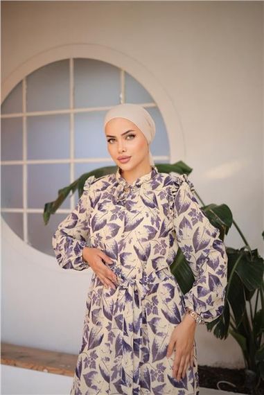 Длинное шифоновое платье с завязками на талии и узором из листьев в фиолетовом цвете размеры 38-46 - фото 4