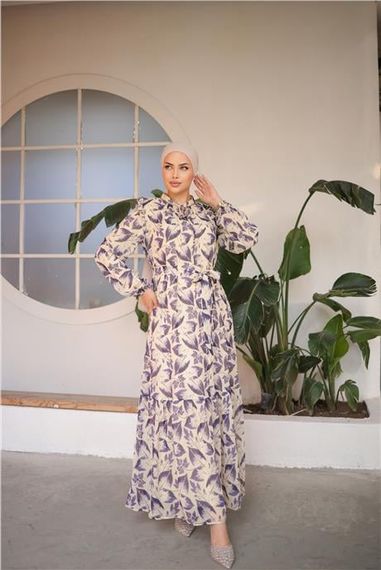 Длинное шифоновое платье с завязками на талии и узором из листьев в фиолетовом цвете размеры 38-46 - фото 2