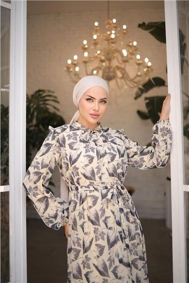 Yaprak Desenli Belden Bağcıklı Uzun Şifon Elbise - 50009.003 - Siyah - photo 2