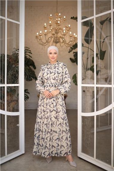 Yaprak Desenli Belden Bağcıklı Uzun Şifon Elbise - 50009.003 - Siyah - photo 4