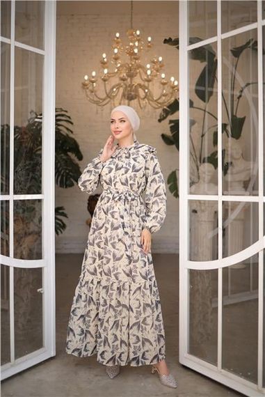 Yaprak Desenli Belden Bağcıklı Uzun Şifon Elbise - 50009.003 - Siyah - photo 3