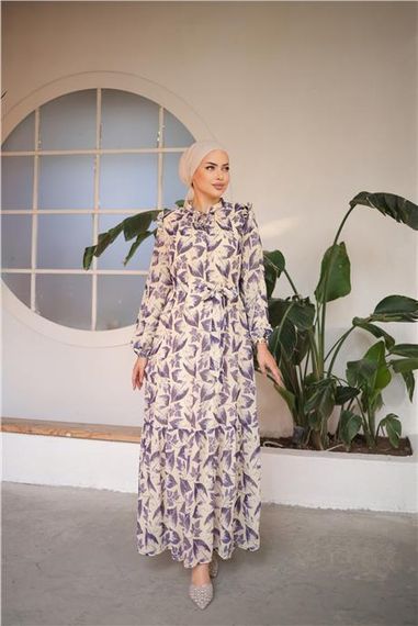 Длинное шифоновое платье с завязками на талии и узором из листьев в фиолетовом цвете размеры 38-46 - фото 3